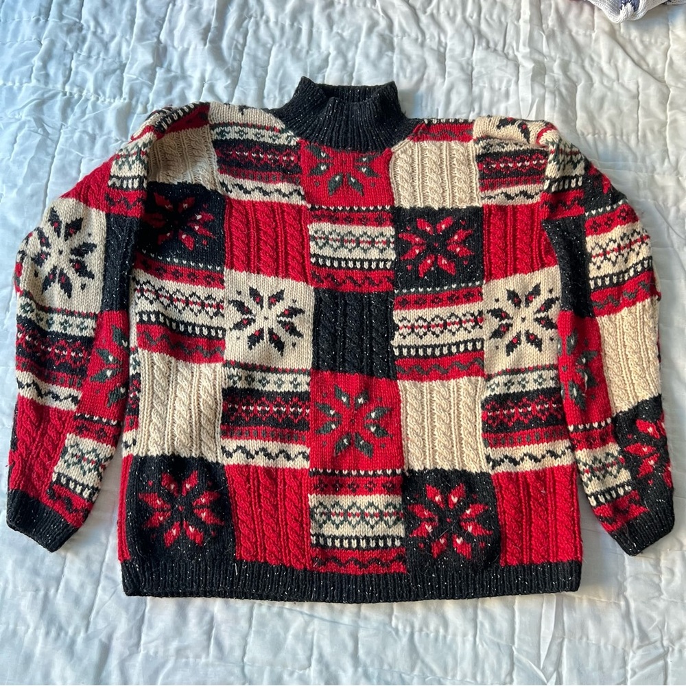 Vintage Red and black Jones New York patchwork wool sweater knitwear - Picture 1 of 8